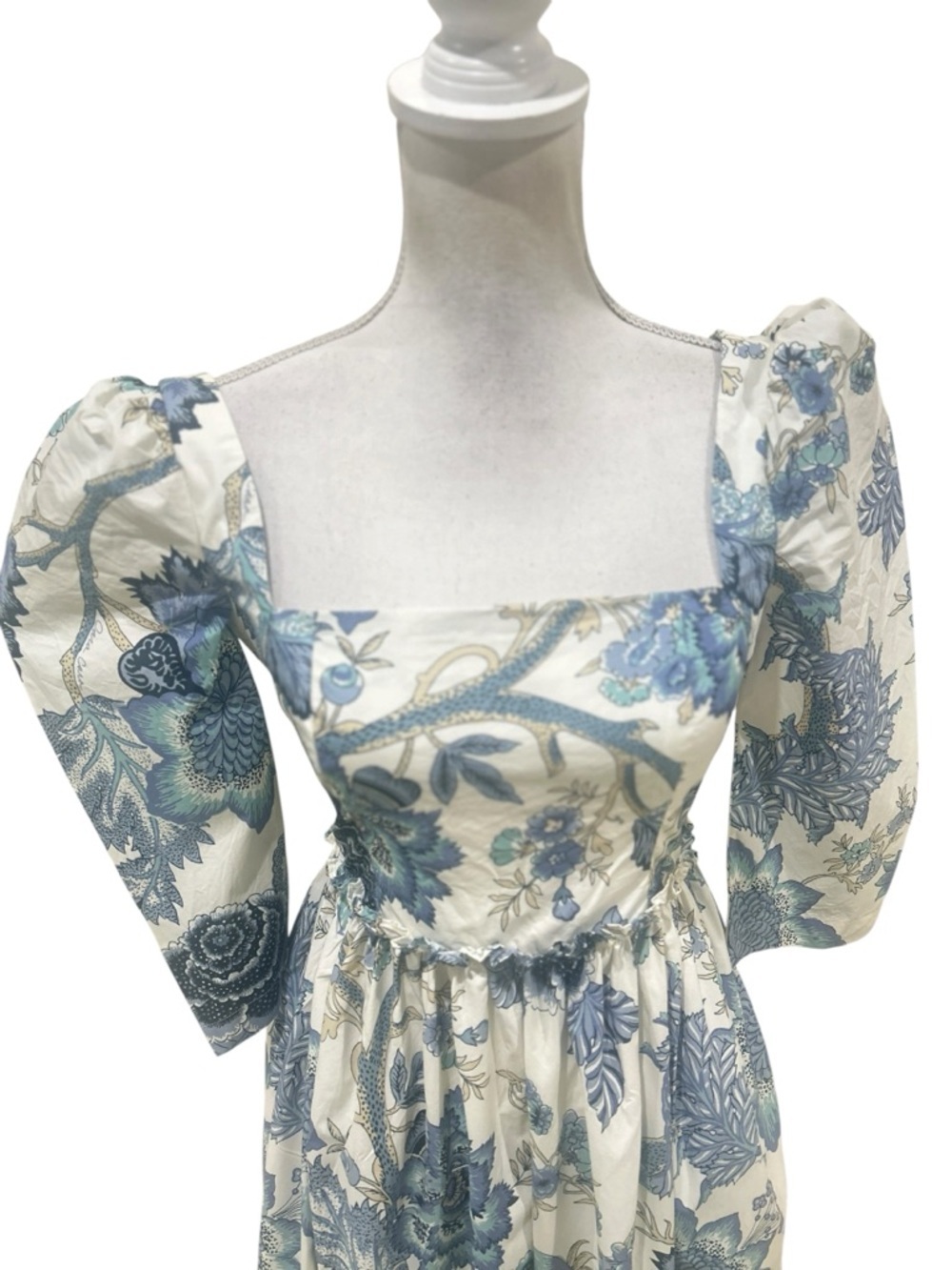 Cara Cara Blue & Cream Floral Square-Neck Midi Dress puff sleeve ruffle hem 2 - Picture 8 of 14